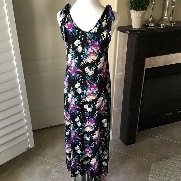 Floral Maxi Sundress Junior SMALL Sleeveless Shoulder Tie Stretch Poof New York - Picture 3 of 16